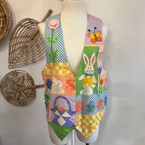 Vintage Reversible Novelty Vest Easter Bunny Shoe Print Teacher CottageCore XL